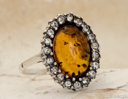 ELANI - srebrny pierścionek z bursztynem i kryszta