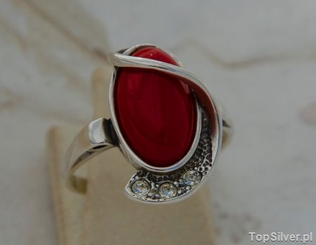 MURANO - srebrny pierścionek z koralem i kryształkami