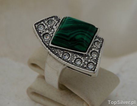 FLOS - srebrny pierścionek z malachitem i kryształkami