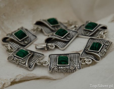 PAPPA - srebrna bransoletka malachit z kryształkami