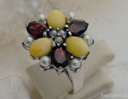MARIANO - srebrny pierścień granaty, perły i bursztyny