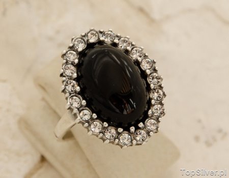 HELIO - srebrny pierścionek z onyksem i cyrkoniami