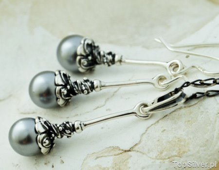 SALVO - srebrny komplet z szarymi perłami