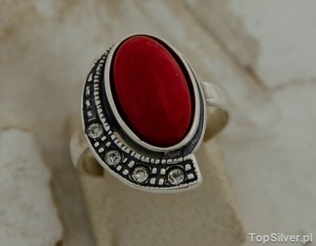 MASCOLO - srebrny pierścionek z koralem i kryształami