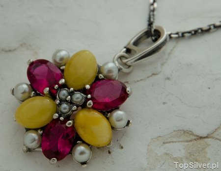 ADRIANO - srebrny wisior rubiny, perły i bursztyny