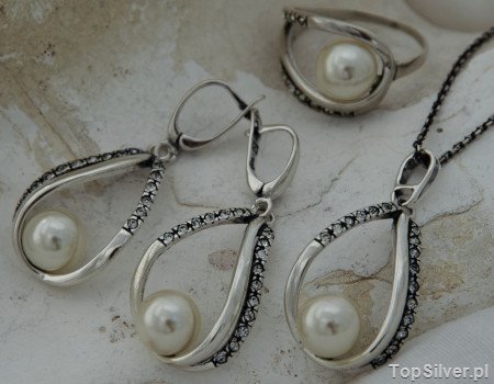 BALENA - srebrny komplet perły i kryształki