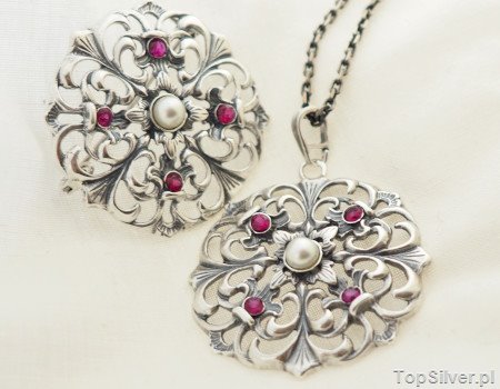 DOROTA - srebrny komplet perła i rubiny