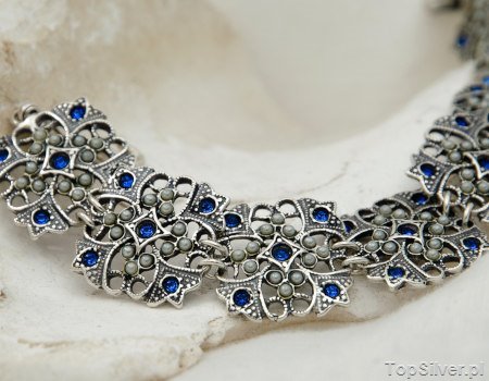 PANAMA - srebrna bransoleta z szafirami i perłami
