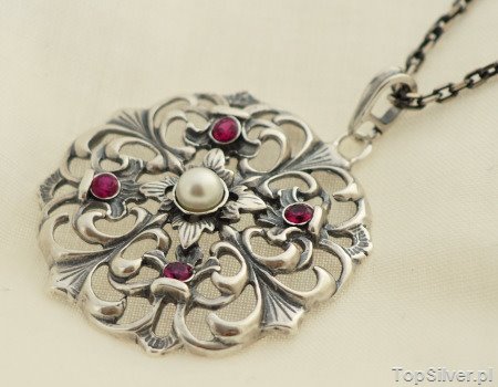 DOROTA - srebrny wisior perła i rubiny