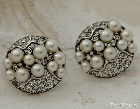 BENELUX - srebrne klipsy perły i kryształki