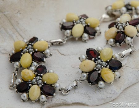 MARIANO - srebrna bransoleta perły, granaty i bursztyny