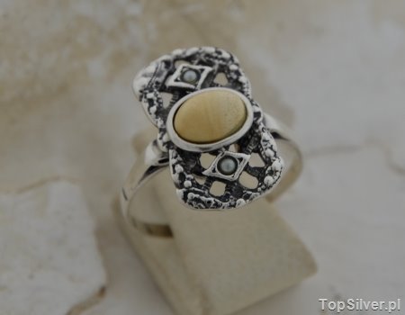 BAROCCO - srebrny pierścionek z bursztynem i perłami