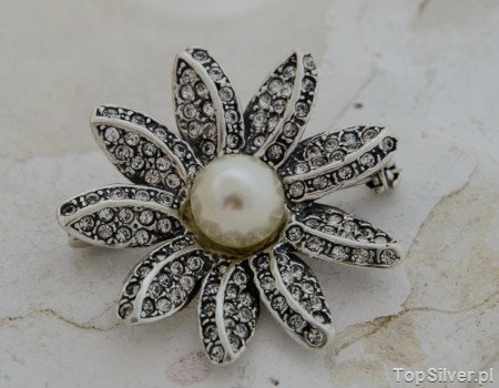 ANTYGONA - srebrna brosza z perłą i kryształami