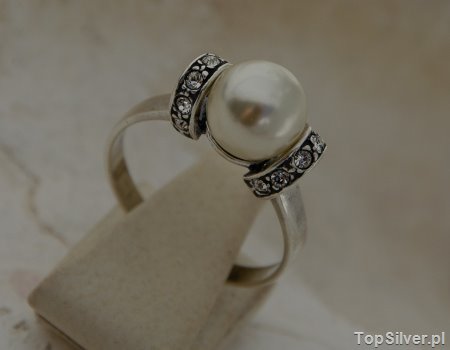 CANNES - srebrny pierścionek perła i kryształy