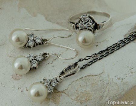 PIRAMIDA - srebrny komplet perła i cyrkonie