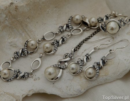 ALVARO - srebrny komplet perły i kryształy
