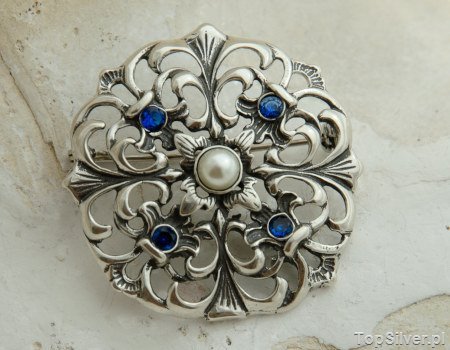 LUIZA - srebrna broszka perła i szafiry