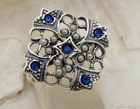 PANAMA - srebrny pierścionek z szafirami i perłami