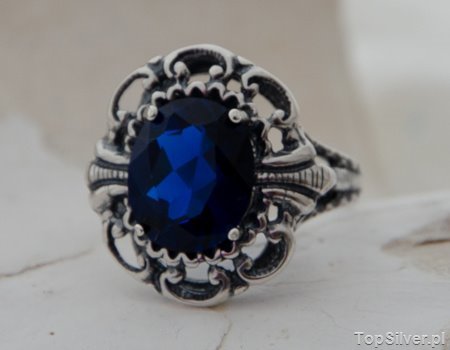 KAROLINA - duży srebrny pierścień z szafirem