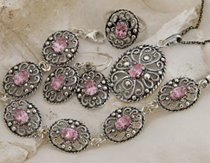 MARGE - srebrny komplet z różowym kryształem