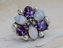 PAWIE OKO - srebrny pierścień perły ametysty opale