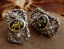 LORENA - srebrne kolczyki z bursztynami i perłami